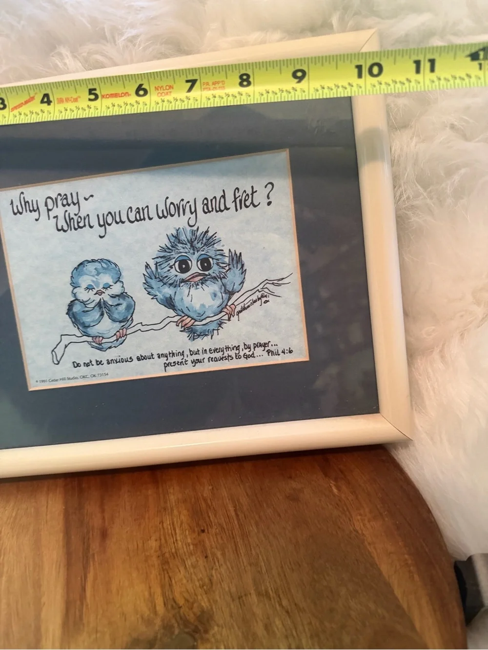 Vintage 1990 Gretchen Jackson Framed Blue Owl Wall Art - White Frame